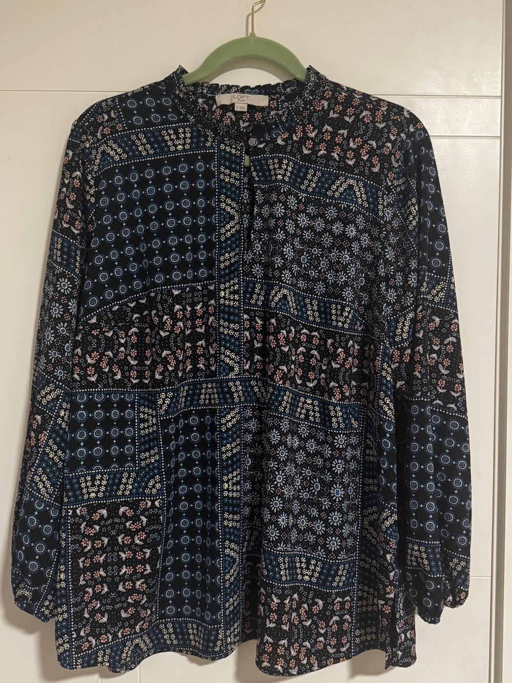 LOFT Navy floral Patchwork-Print Peasant Blouse with Pink Accents